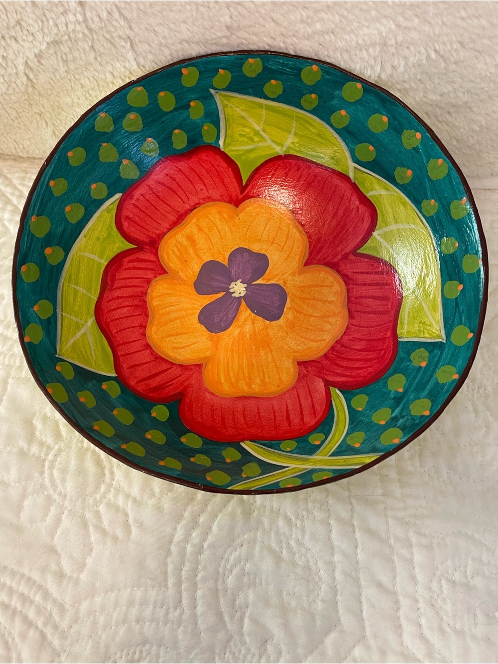 Hand-Painted Floral Decorative Bowl - Green, Red & Orange